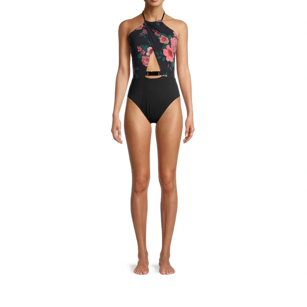 Time and Tru Floral Hardware One Piece Swimsuit Size L((12-14)